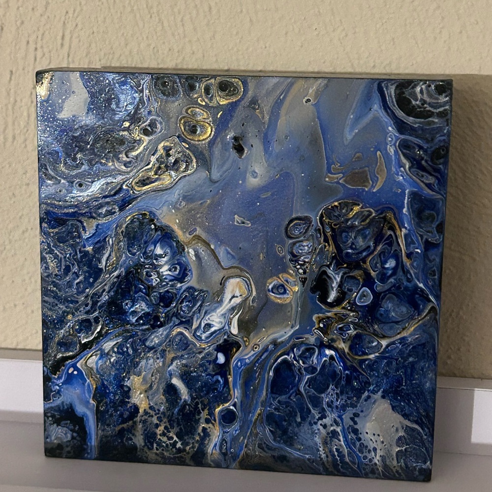 Abstract Acrylic Pouring Art blue / gold / silver 6” x 6”